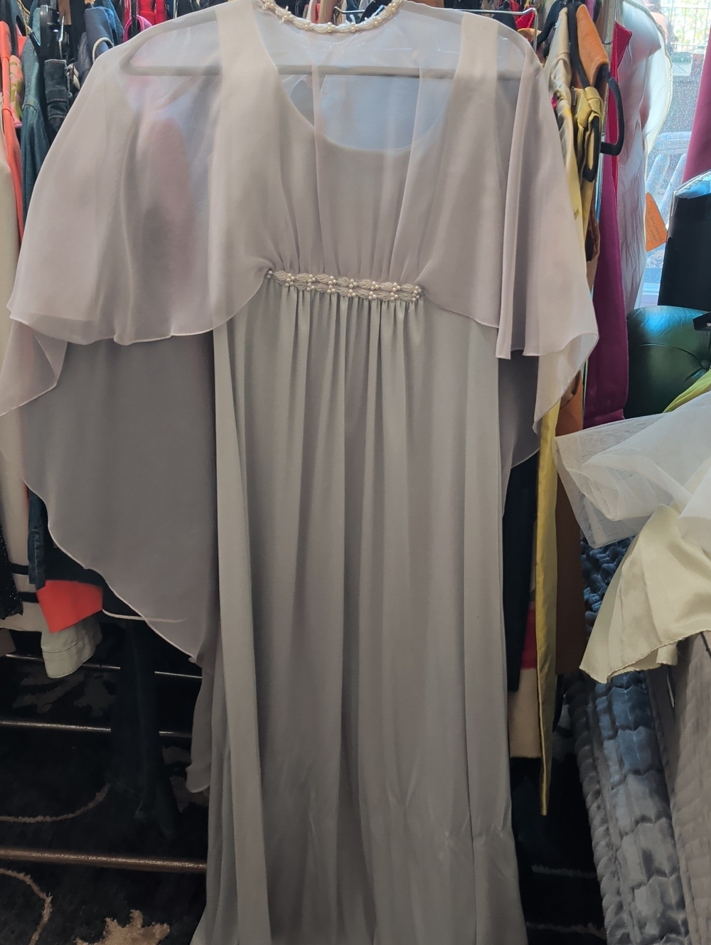 Gray Vintage 1950's Maxi Dress with Beaded Empire Waist by